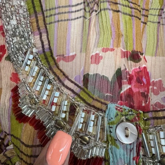 Solitaire Shirt Women L Colorful Floral Beaded Boho Indie Fairy Semi Sheer - Picture 3 of 10